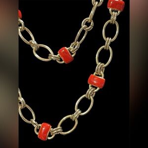 ✨ Vintage Goldtone Chain Link Necklace with Red Enamel Accents – 36 Inches ✨